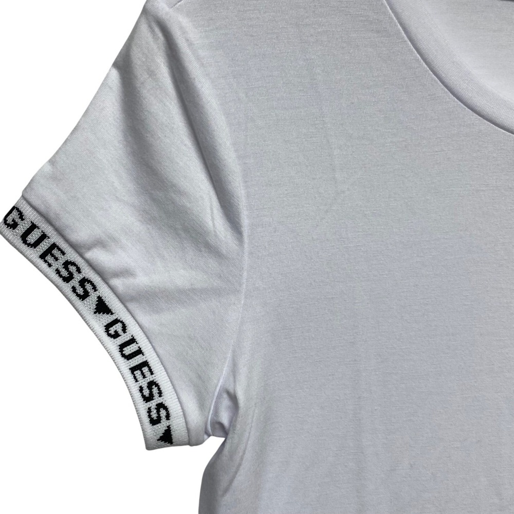 Guess Womens Logo Tape Sleeve Crewneck T-Shirt White Cotton Tee M‎ NWT - Picture 4 of 6